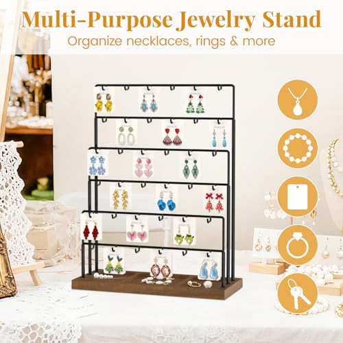 Image of EsLuker.ly Earring Card Display Stand for Vendors Events Selling, Earring Holder Rack Metal 6 Tier 36 Hooks with Wooden Base, Large Capacity Showcase Your Jewelry at Any Event, Black