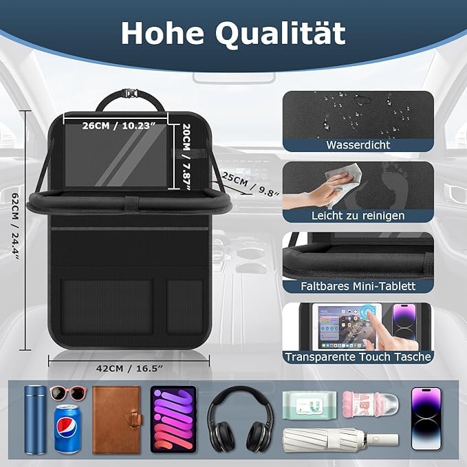 VEHIRIE 3-in-1 Auto Organizer Mit Klapptisch & Sitzschutz - Schwarz Leder
