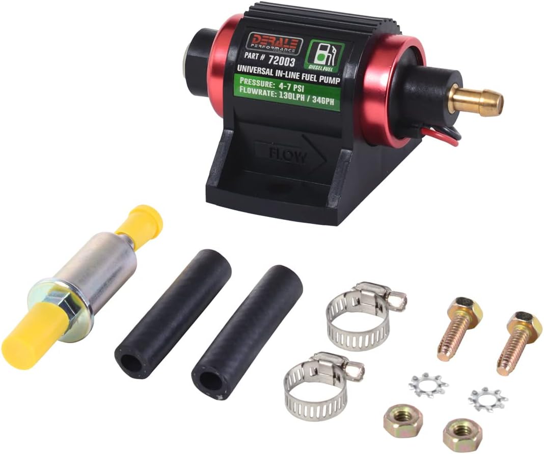 Derale Fuel Pump, Electric, In-Line, 34 gph at 7 psi, 1/8 in NPT Female Inlet, 3/8 in Hose Barb Outlet, Aluminum, Red/Black Anodized, Diesel, Kit