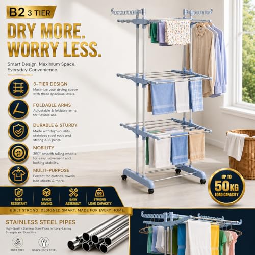 Image of SUNDRY Heavy Duty Rust-Free Stainless Steel 3-Tier Jumbo Cloth Drying Stand | Clothes Dryer Stands | Laundry Racks with Wheels for Indoor | Outdoor | Balcony(Blue)