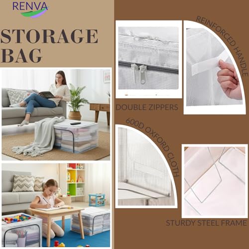 Image of RENVA polycotton Clothes Storage Organizer Bins, Foldable Storage Bins-Cloth Steel Frame Storage Box with Foldable Clear Window & Reinforced Handles 50 * 40 * 30CM. (Transparent, 66L-1)