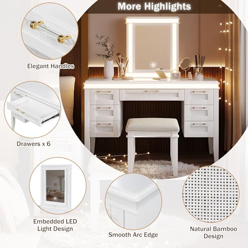 Image of 48 inch Vanity Desk with Mirror, Classic Makeup Vanity with 7 Drawers and Cushioned Stool, Hollow Design Drawer, Rubber Wood Legs, Dressing Table with Bamboo Weave Design, Easy Assembly (Light Beige,08)