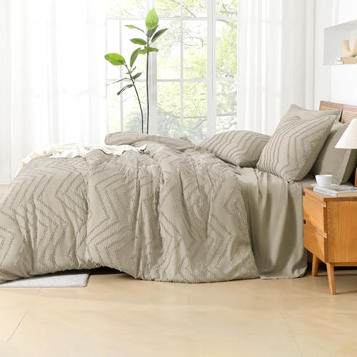 Image of Litanika Light Hazel Queen Size Comforter Set with Sheets - 7 Pieces Bed in a Bag Queen Boho Tufted Complete Bedding Sets with Comforter, Sheets, Pillowcases & Shams