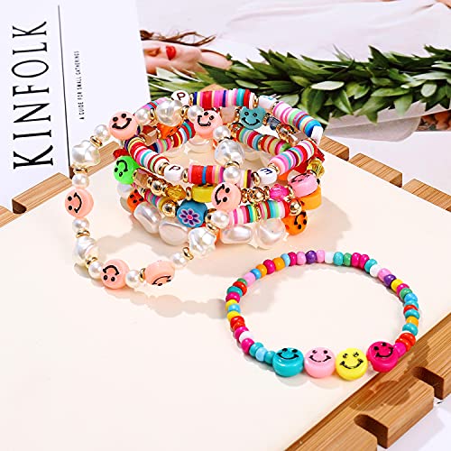 HZEYN Beaded Bracelet Set Stack Colorful Cute Happy Face Charm Pearl Heishi Beaded Stretchy Bracelet Summer Beach Bracelet Jewelry (Colorful-6pcs) - Image 6