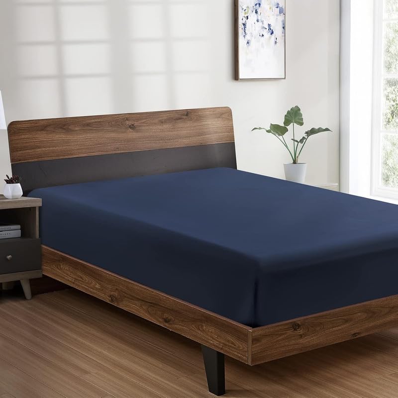 Image of Amazon Brand - Umi Cotton Feel Glace Cotton Fade Resistant Elastic Fitted Queen Size Bed Bedsheet with 2 Pillow Covers Fits Upto 8 inches Mattress, Size- 60x72x10 Inches, Blue