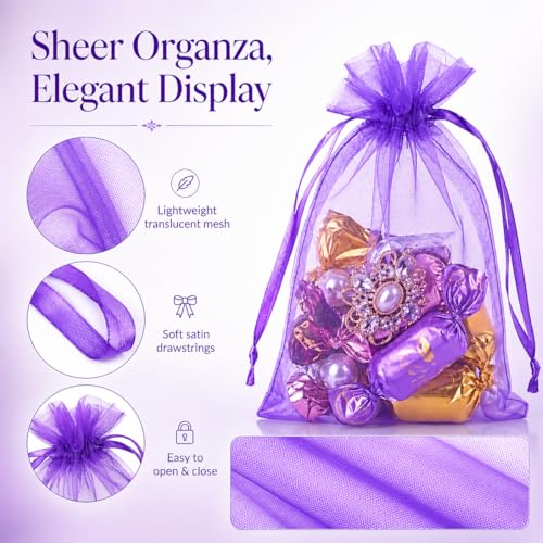 Image of Hopttreely Purple Organza Bags 4x6 in, 50PCS Drawstring Organza Bags, Sheer Mesh Jewelry Pouches, Lavender Wedding Party Festival Gift Bag Candy Pouches for Mother's Day, Party Favors