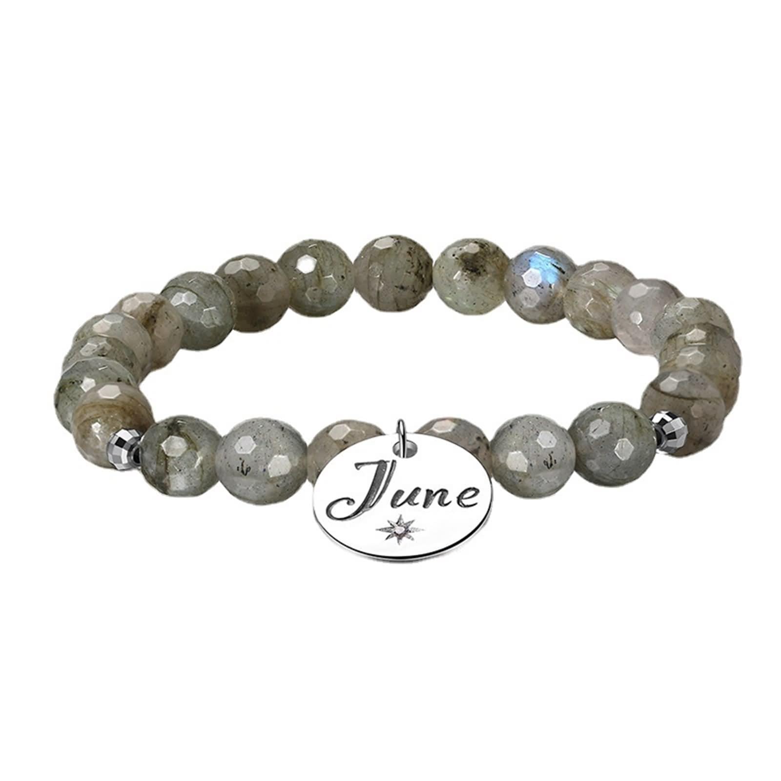 Pulsera de plata de ley, pulsera para mujer, piedra gris de moda con piedra natal de junio, cadena ajustable con circonita cúbica redonda blanca