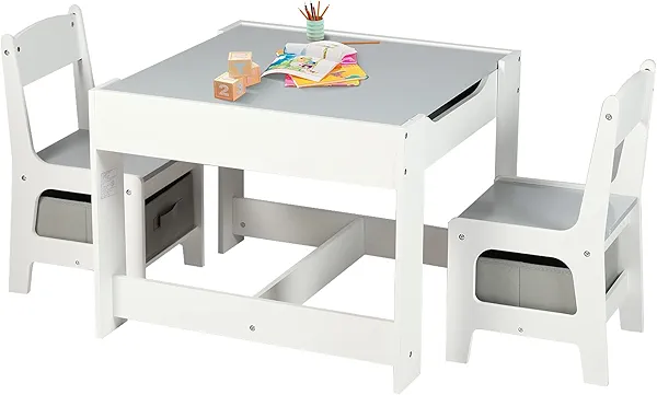 Kinder King Kids Wood Table & 2 Chairs Set, 3 in 1 Children Activity Table w/Storage, Removable Tabletop, Blackboard, 3-Piece Toddler Furniture Set for Art, Crafts, Drawing, Reading, Playroom, Grey