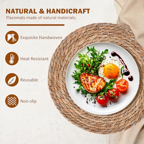 Image of Defined Deco Woven Placemats Set of 6,12 inch Round Rattan Placemats,Natural Hand-Woven Water Hyacinth Placemats,Farmhouse Weave Place Mats,Rustic Braided Wicker Table Mats for Dining Table,Home,Wedding.