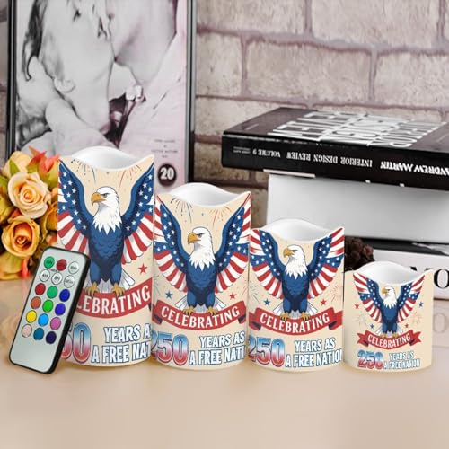 Image of A Free Nation Flickering Flameless Candles Bald Eagle LED Battery Operated Timer 250th American Anniversary Candle Warmer Lamp Celebrate 4th of July Independence Day, 4 Pack