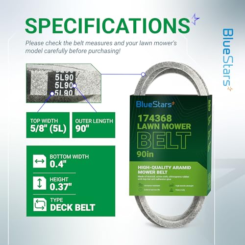 Image of BlueStars 174368 532174368 Mower Deck Belt | Aramid Cord | 5 /8 inch x 90 inch | Deck Belt for 48 inch Husqvarna AYP Poulan YTH2148 YTH2448 GTH2548 YTH2048 YTH2748 YTH2248 YTH2548 LT2122A Replaces 33907 PP13007