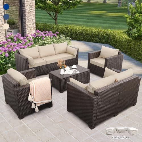 Rattaner 5-Piece Outdoor Furniture Set Patio Furniture Set Outdoor Couch Coffee Table with Storage No-Slip Cushions and Waterproof Covers, Khaki