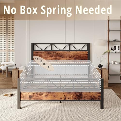 image for LIKIMIO Queen Bed Frame, Tall Industrial Headboard 51.2 