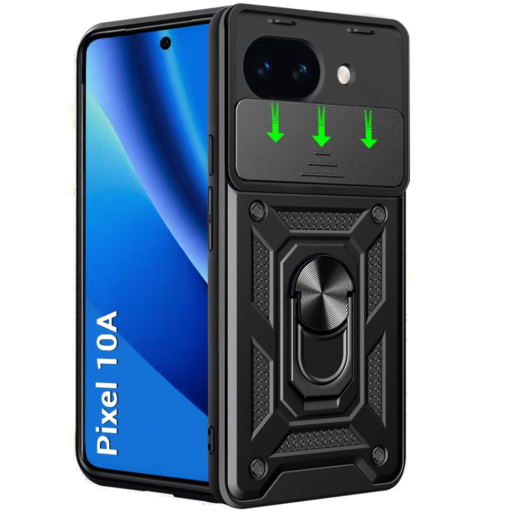 TheGiftKart Tough Armor Bumper Back Cover Case for Google Pixel 10A | Sliding Camera Cover, Kickstand & Ring Holder | 360 Degree Protection Case Cover for Pixel 10A (PC & TPU, Black)