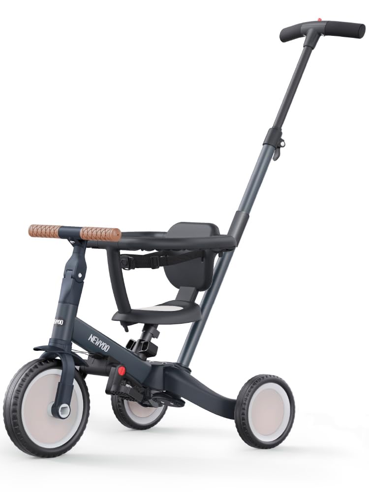 newyoo TR008 Triciclo Evolutivo 5 en 1 para Niños 1-3 Años con Barra de Seguridad y Varilla de Empuje, Regalo de Cumpleaños para Niños y Niñas, Bicicleta de Equilibrio y Juguete Montable, Gris Oscuro