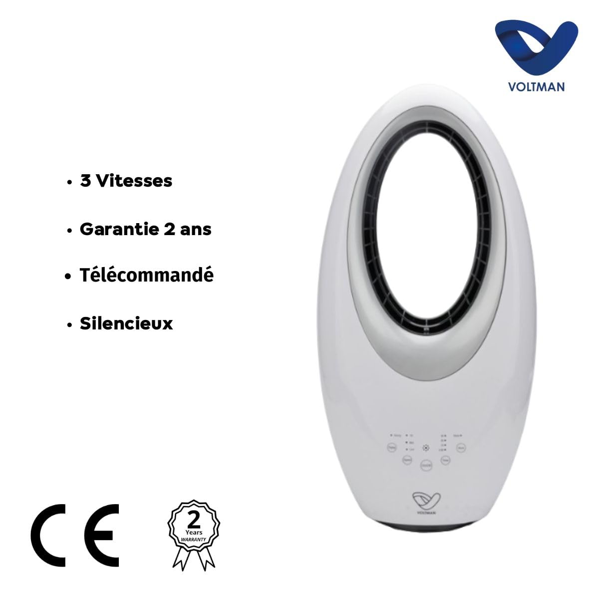 Voltman - Ventilateur colonne Blanc silencieux et oscillant - 60W - Télécommande 3 vitesses