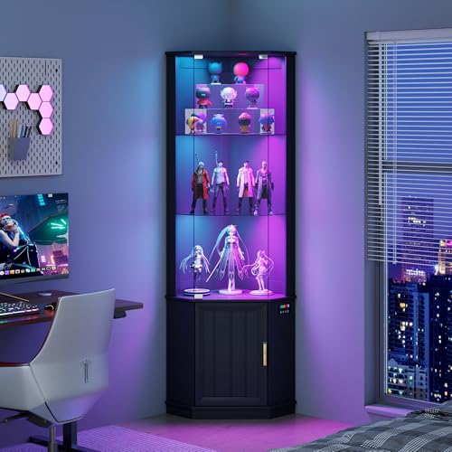 Lvifur Eckvitrine mit LED Beleuchtung und Schubladen für Sammlerstücke,Wein,3-Lagen Glasvitrine...