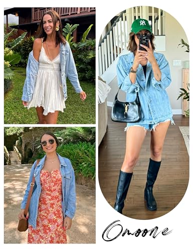 Omoone Women's Oversized Mid Long Denim Jacket Jean Biker Coat (Denim BlueX1, X-Small)