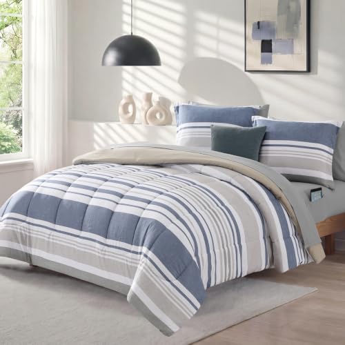 Image of Monbix Queen Comforter Set - 7 Pieces Bed in a Bag Queen, Ocean Blue-Stripe Bedding Sets, All Seasons Comforter Bed Set with Sheets, Pillowcases & Shams