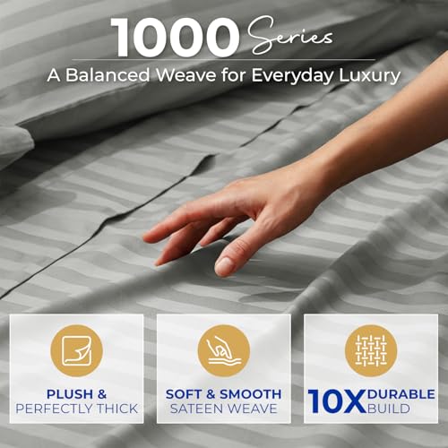 Image of THREAD SPREAD California King Bed Sheets, Luxury 1000 Series Paradise Collection 100% Egyptian Cotton Damask Striped Cal King Sheets Set (4 PC, Silver Grey Stripe), 16 inch Deep Pocket Hotel Sheet Set