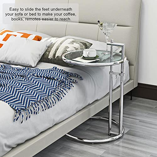 Mid-Century Eileen Gray Side Table End Table, Height Adjustable C Shaped Sofa Coffee Table With Tempered Glass Top And Stainless Steel Frame For Living Room Bedroom Balcony Office (Silver) #TOP4
