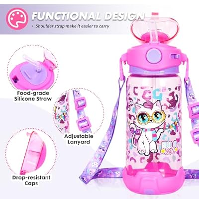 Kids Water Bottle with Straw/Lanyard for School Kids Girls Boys, 22oz BPA Free Child Drinking Water Bottle One-Click-Open Leak-Proof Locking Flip Lid for School Sport Travel