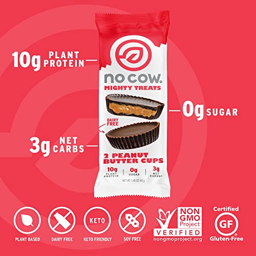 No Cow Mighty Treats, Peanut Butter Cups, 10G Plant Based Vegan Protein, Keto Friendly Snacks, Low Sugar, Low Carb, Low Calorie, Gluten Free, Naturally Sweetened, Dairy Free, Non Gmo, Kosher, 24 Cups #TOP4