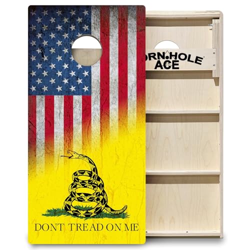 CornholeAce ACE PRO USA & Gadsden Flag Don't Tread on Me Professional Cornhole Boards - No Bounce! 3/4' Baltic Birch Plywood, Handles, Regulation Size (4x2ft), Tournament Style, Made in USA