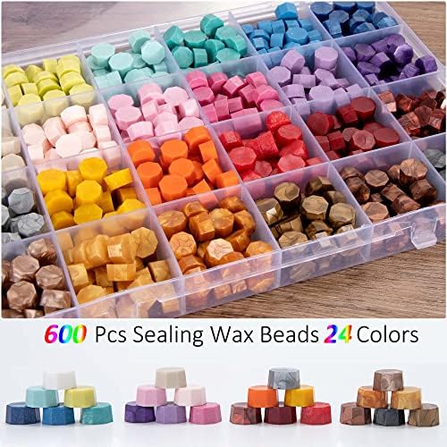 Sealing Wax Beads Set, Seal Stamp 24 Colours Octagonal with 1 Spoon and 2 White Candles for DIY Wax Envelopes Letters Wedding Invitations Cards (600 Pieces)
