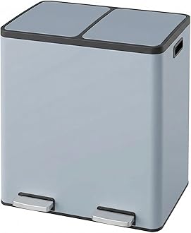 Arlopu Dual Trash Can, 2 x 8 Gallon (2 x 30 L) Hands-Free Trash and Recycle Bin Combo, Stainless Steel Kitchen Garbage Can with Soft-Close Lid, Removable Inner Buckets, Step Pedal, Airtight(Haze Blue)