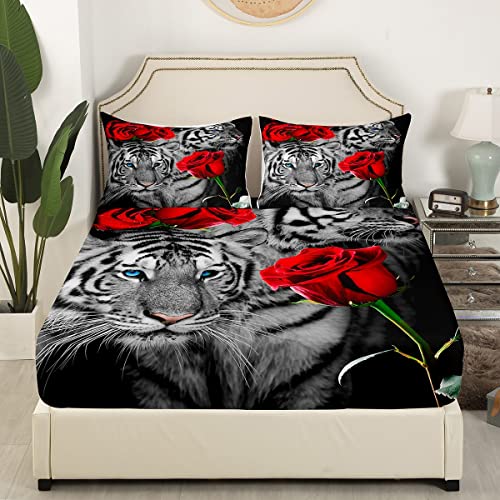 White Tiger Fitted Sheet Twin Size, Red Rose Flowers Print Floral And Wildlife African Animal Theme Bed Sheet With 1 Pillowcase, Soft Decorative Fabric Bedding All-Round Elastic Pocket, Room Gift #TOP2