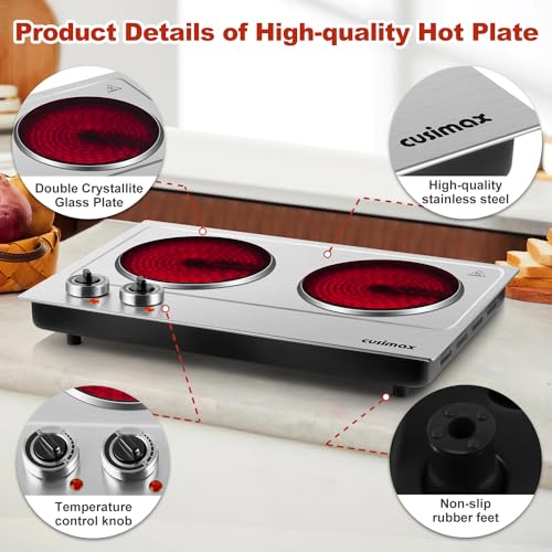 Hot Plate,Cusimax Dual Infrared Burner, Electric Ceramic Glass Stove,Adjustable Temperature Control,Stainless Steel,Compatible of all Cookware,Easy Clean for Home, Dorm, Office - Image 5