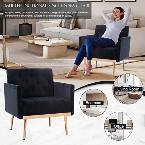 Upholstered Velvet Accent Chair For Living Room, Modern Leisure Single Sofa Arm Chair With With Rose Gold Metal Legs, Comfy Mid Century Armchair For Reading Room, Bedroom, Office, Set Of 2 (Black) #TOP5
