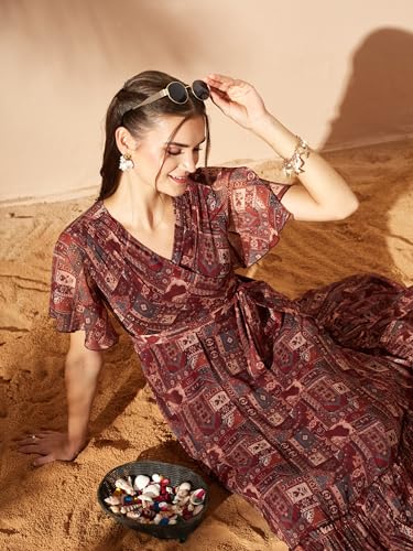 Image of Miss Chase Women's Floral V-Neck Flutter Sleeve Wrap Chiffon Maxi Dress