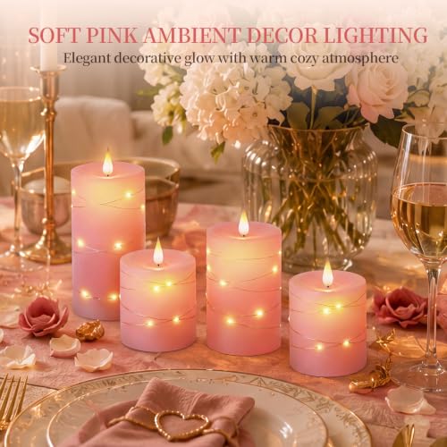 Image of Homemory Pink Flameless Candles with String Lights, Set of 3 Battery Operated LED Pillar Candles with 3D Flickering Wicks, 11-Key Remote Control and Timer for Wedding, Valentine's Day and Home Decor