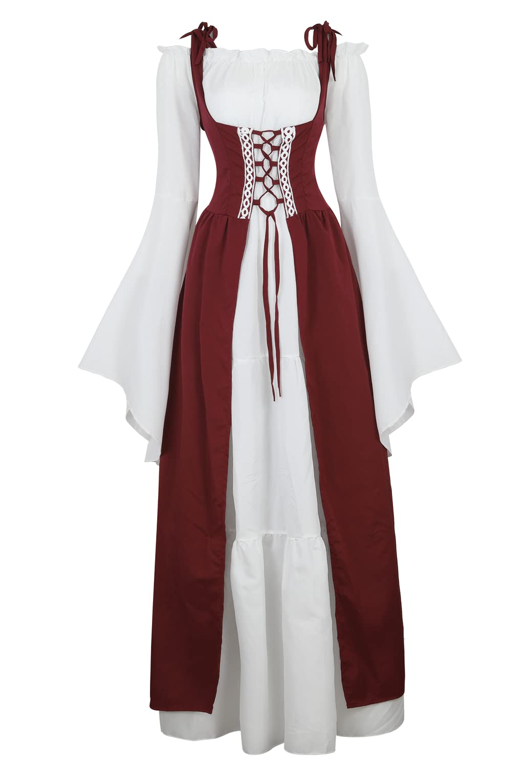 Womens Renaissance Dress Costume with Bell Sleeves and Lace Up Front