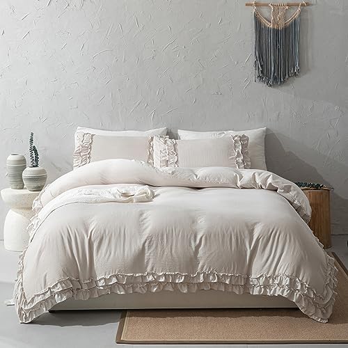 Herside Beige Grey Duvet Cover Set King Ruffle Bedding Chic 2-Layers Cute Ruffled Design Boho Farmhouse Bedding Sets 1 Duvet Cover 2 Pillowcases (Beige