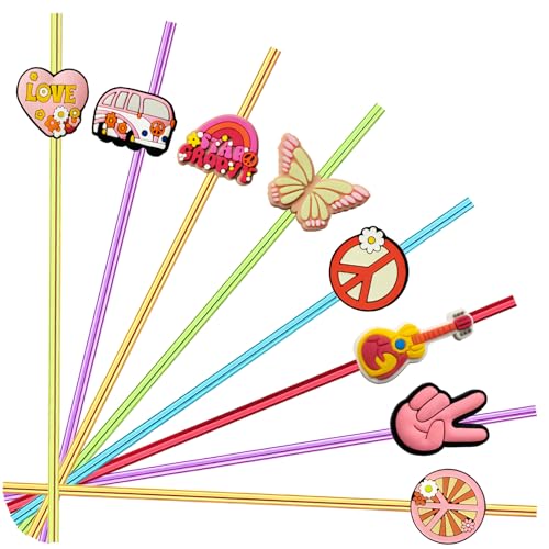 24pcs 60's Hippie Boho Themed Two Groovy Party Favors Reusable Straws，Retro Flower Cutouts Peace Party Decoration 60's Groovy Party Supplies Tie Dye Party Favors With 2 Brushes 6 Color Straws