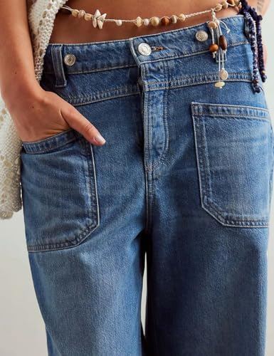 Women's Wide Leg Jeans Mid Waisted Stretchy Straight Leg Pants Palmer Cuffed Jeans with Pockets4