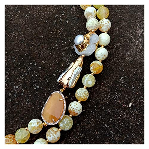 2 Strands Faceted Round Yellow Fire Agate Cultured White Biwa Pearl Crystal Necklace Fashion Women Jewelry #TOP5