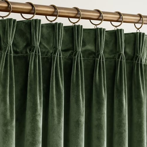 Olive Green Pleated Velvet Blackout Curtains 84 inches Long 2