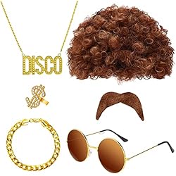 Pulseras Hippies Para Hombres OHSN Disfraz Hippie Hombre Mujer Disfraz Hippie Peluca Afro Funky Hombre Conjunto de Disfraces de Hippies Bigote Ring Moda Gafas de Sol Disco Collar Pulsera para Fiesta Temática Retro de 50/60/70s