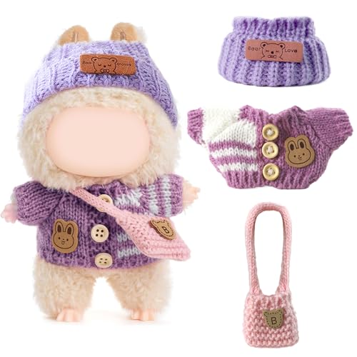 Clothes for LABUBU Doll (NO Doll), Handcrafted Crochet 3-Piece Accessories for LABUBU 17cm Dolls, Premium Outfit - Bunny Sweater + Hat + Bag, Cute Clothes for Dress up Unique Style (Purple)