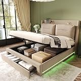 LAKFEW Cama 180x200 cm Cama Matrimonio con LED y Almacenamiento Hidráulico, Sin Colchón