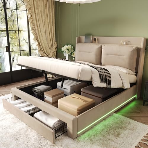 LAKFEW Cama 180x200 cm Cama Matrimonio con LED y Almacenamiento Hidráulico, Camas Matrimoniales con Cajón de Almacenamiento 2 en 1, Cama Doble con Cabecero Tapizado, Beige, Sin Colchón