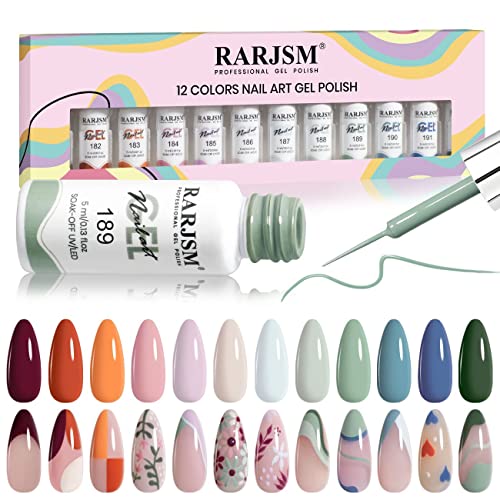 Rarjsm Nail Art Gel Liner Painted Gel Nail Polish Set 12 Winter Dark Colors Collection Sage Green Navy Blue Dusty Pink Orange 5Ml Uv Led Cured Nail Design Thin Striper Brush For Home Salon Mani Diy #TOP26