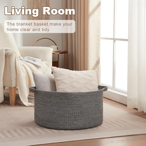 OIASKET Large Woven Baskets for Storage, 22.8\" x 22.8\" x 13\" Blanket Basket Living Room, Baby Toy Storage Basket, Big Laundry Basket for Clothes, Pillows, Towels, Shoe Basket for Entryway (Dark Grey)