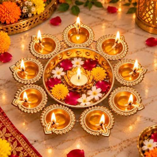 Door Big Metal Decorative Diya Set with Urli Bowl, Traditional Golden Diya & Tealight Holder for Floating Candles for Diwali Pooja Home Decor (12 Inch)