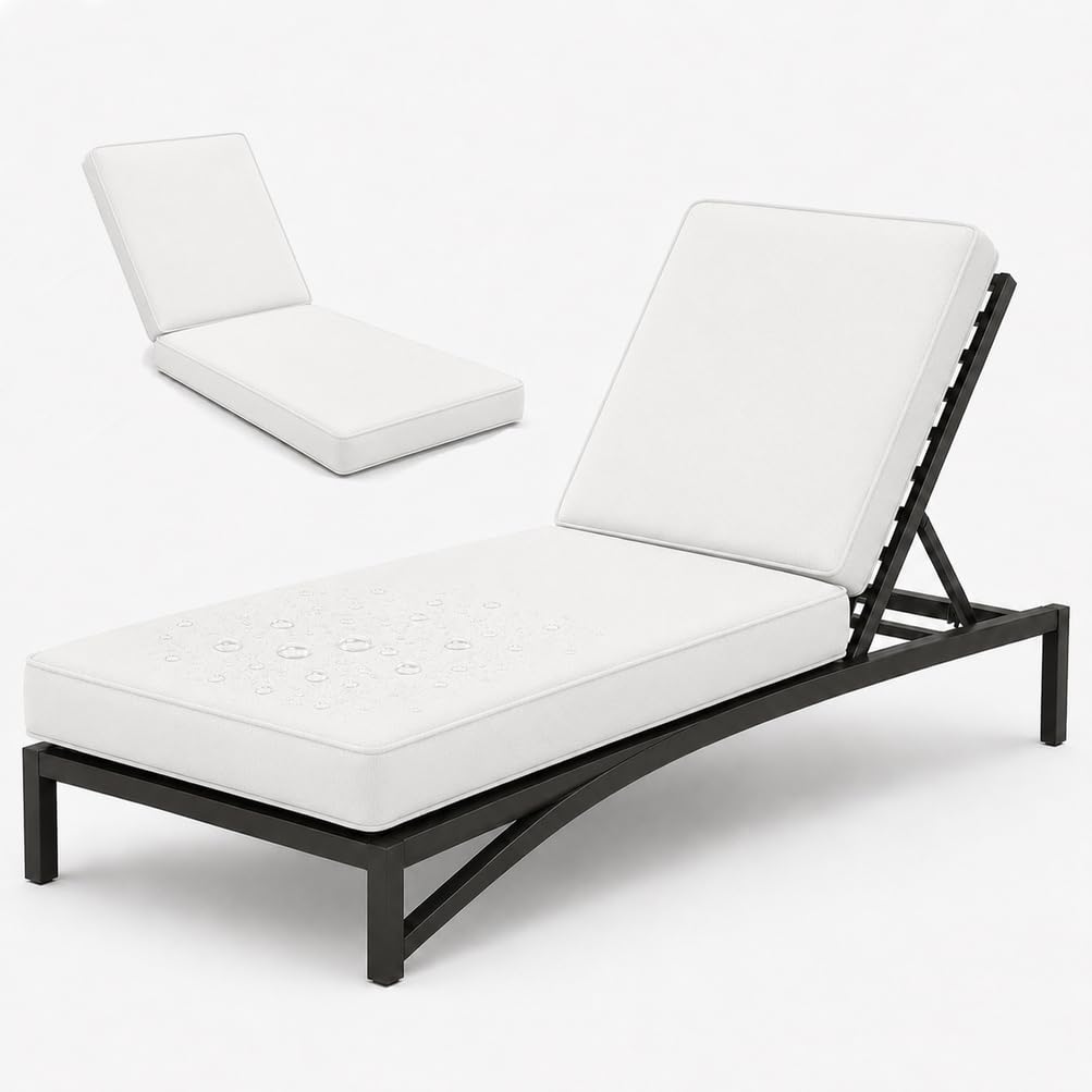 Coussin Bain De Soleil Imperméable Mousse Haute Densité 50D Indéformable pour Transat De Jardin | Matelas Chaise Longue Extérieur avec Base Antidérapante, 6 Attaches,Blanc,188x58x5cm