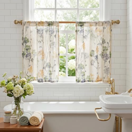 Image of MYSKY HOME Floral Linen Kitchen Tier Cafe Curtains 24 Inch Length 2 Panels Farmhouse Semi Sheer Privacy Small Window Treatments Rod Pocket for Bathroom Basement, Sage Green, 30 inch Wide